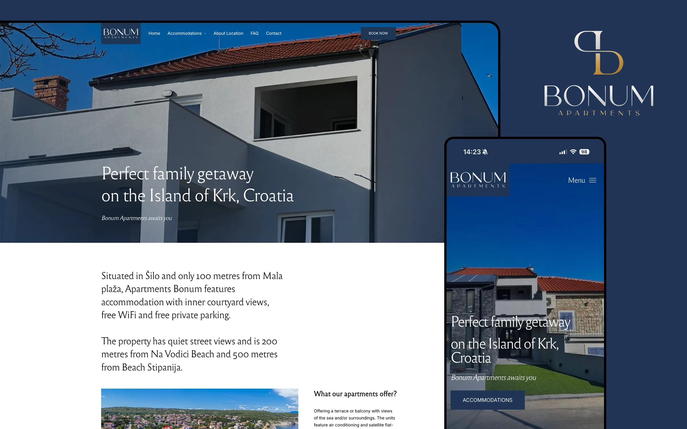 Bonum Apartments identitet i web na desktopu i mobitelu